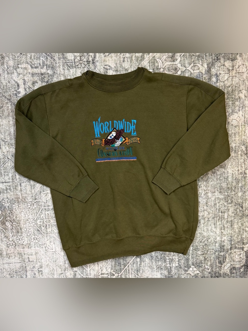 90’s Worldwide Graphic Olive Crewneck Sweater